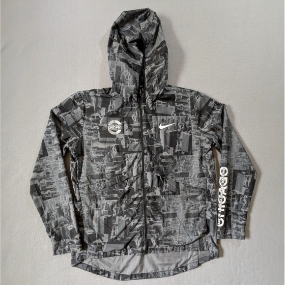 Nike Running Jacket Mens Large Black Gray 2018 Chicago Marathon Hooded Full Zip - Picture 1 of 13